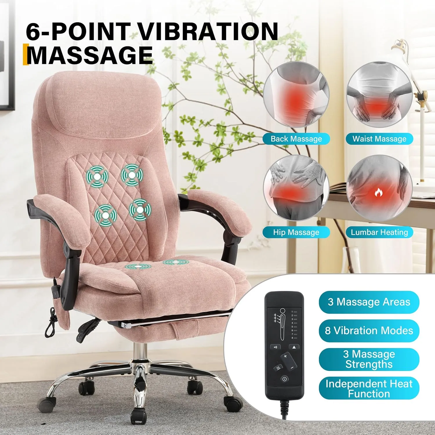 6-Point Massage Office Chair with Heated, Ergonomic Desk Chairs with Footrest & 135°Reclining High Back, Big and Tall Executive Offices Chair 500LBS, Thick Cushion Gaming Chair for Home Office, Pink