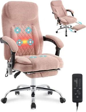 6-Point Massage Office Chair with Heated, Ergonomic Desk Chairs with Footrest & 135°Reclining High Back, Big and Tall Executive Offices Chair 500LBS, Thick Cushion Gaming Chair for Home Office, Pink