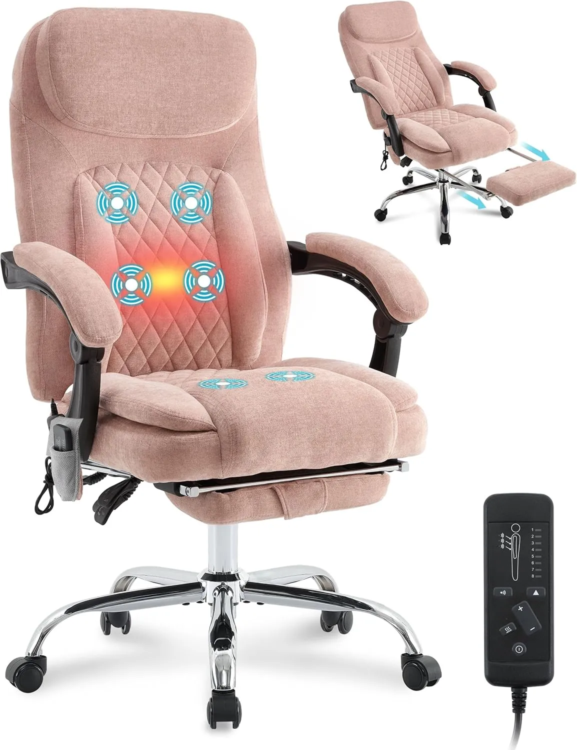 6-Point Massage Office Chair with Heated, Ergonomic Desk Chairs with Footrest & 135°Reclining High Back, Big and Tall Executive Offices Chair 500LBS, Thick Cushion Gaming Chair for Home Office, Pink