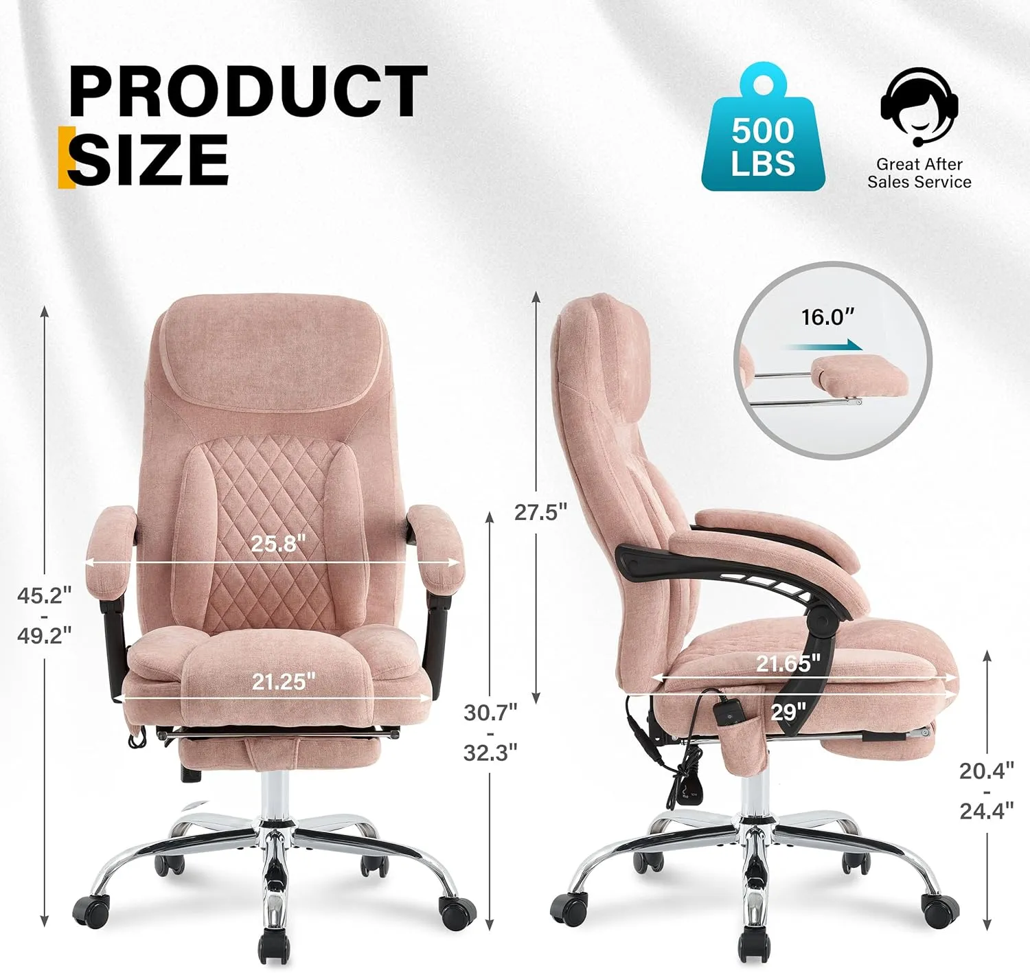6-Point Massage Office Chair with Heated, Ergonomic Desk Chairs with Footrest & 135°Reclining High Back, Big and Tall Executive Offices Chair 500LBS, Thick Cushion Gaming Chair for Home Office, Pink
