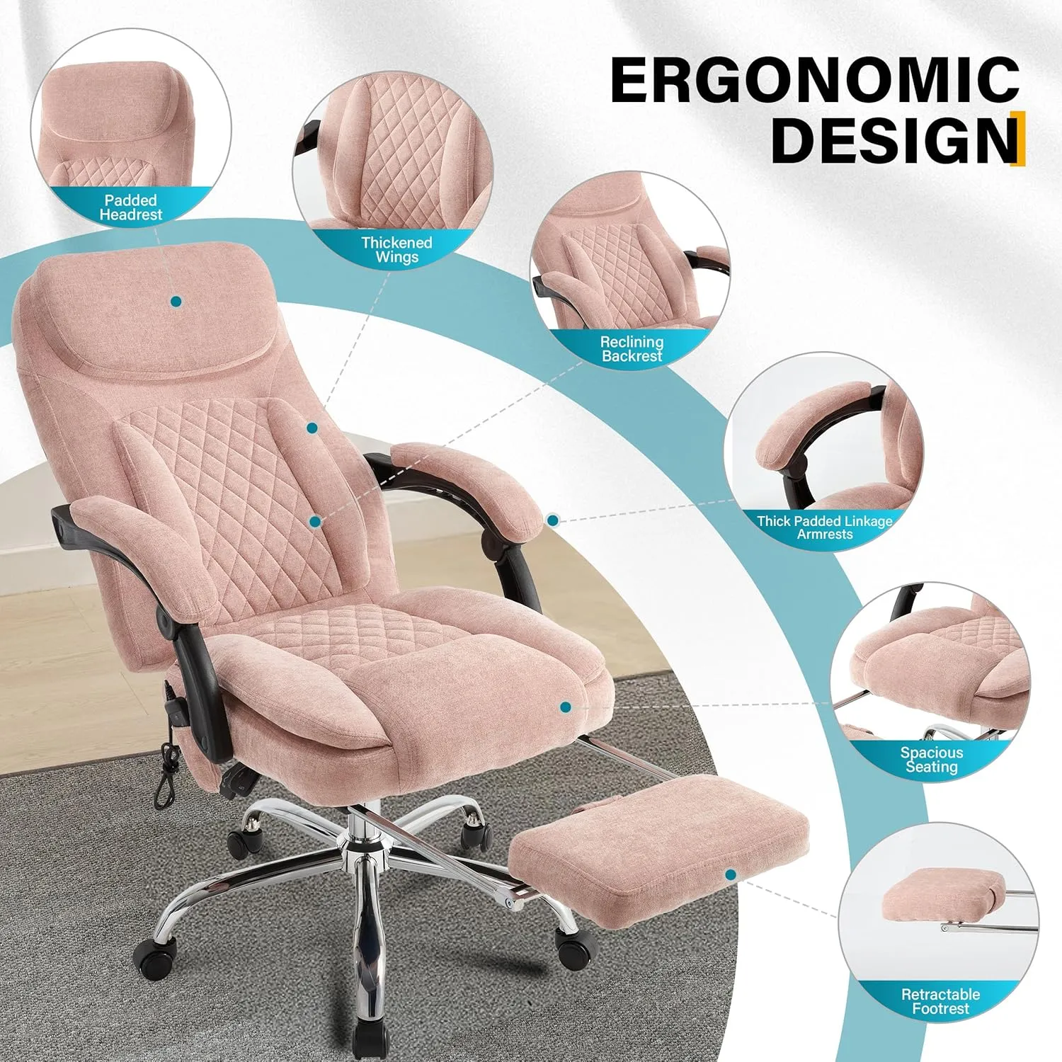 6-Point Massage Office Chair with Heated, Ergonomic Desk Chairs with Footrest & 135°Reclining High Back, Big and Tall Executive Offices Chair 500LBS, Thick Cushion Gaming Chair for Home Office, Pink