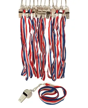 6 Red, White & Blue Metal Whistles