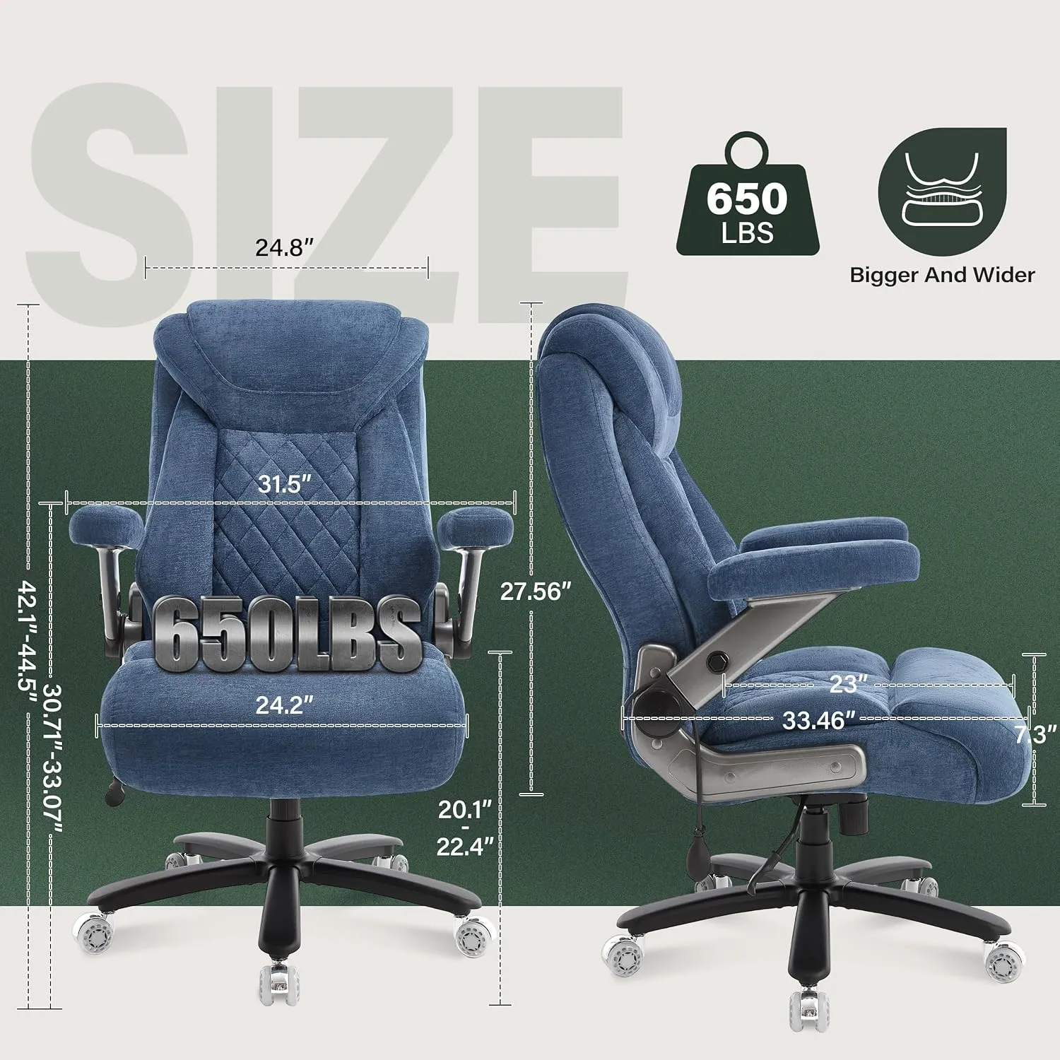 650lbs Big and Tall Office Chair with Thick Spring Cushion,5D Flip Arm Ergonomic Executive Office Chair Adjustable Lumbar Airbag&Extra Wide,Comfy Large Padded Heavy Duty Game Chair,Bluecloth