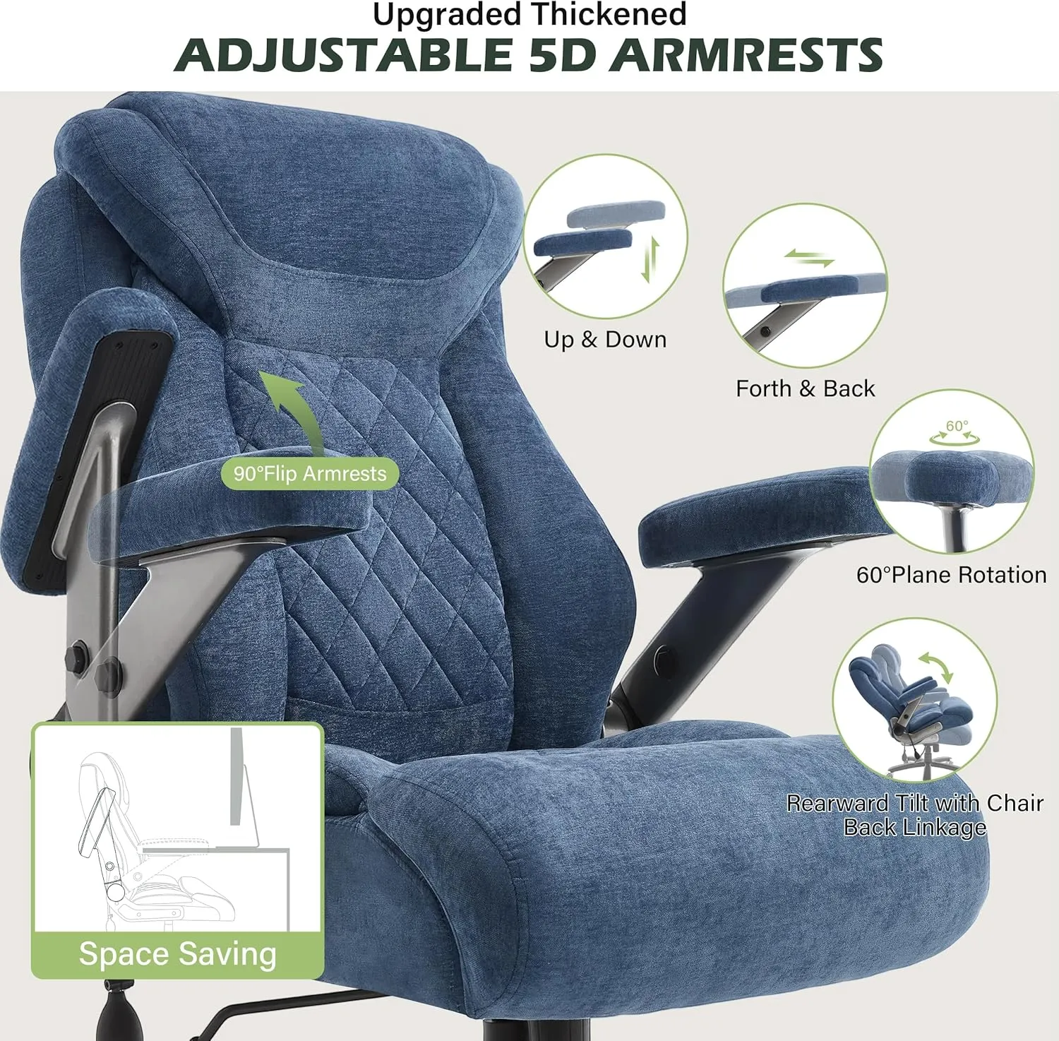650lbs Big and Tall Office Chair with Thick Spring Cushion,5D Flip Arm Ergonomic Executive Office Chair Adjustable Lumbar Airbag&Extra Wide,Comfy Large Padded Heavy Duty Game Chair,Bluecloth