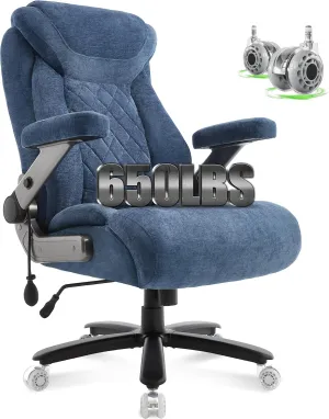 650lbs Big and Tall Office Chair with Thick Spring Cushion,5D Flip Arm Ergonomic Executive Office Chair Adjustable Lumbar Airbag&Extra Wide,Comfy Large Padded Heavy Duty Game Chair,Bluecloth