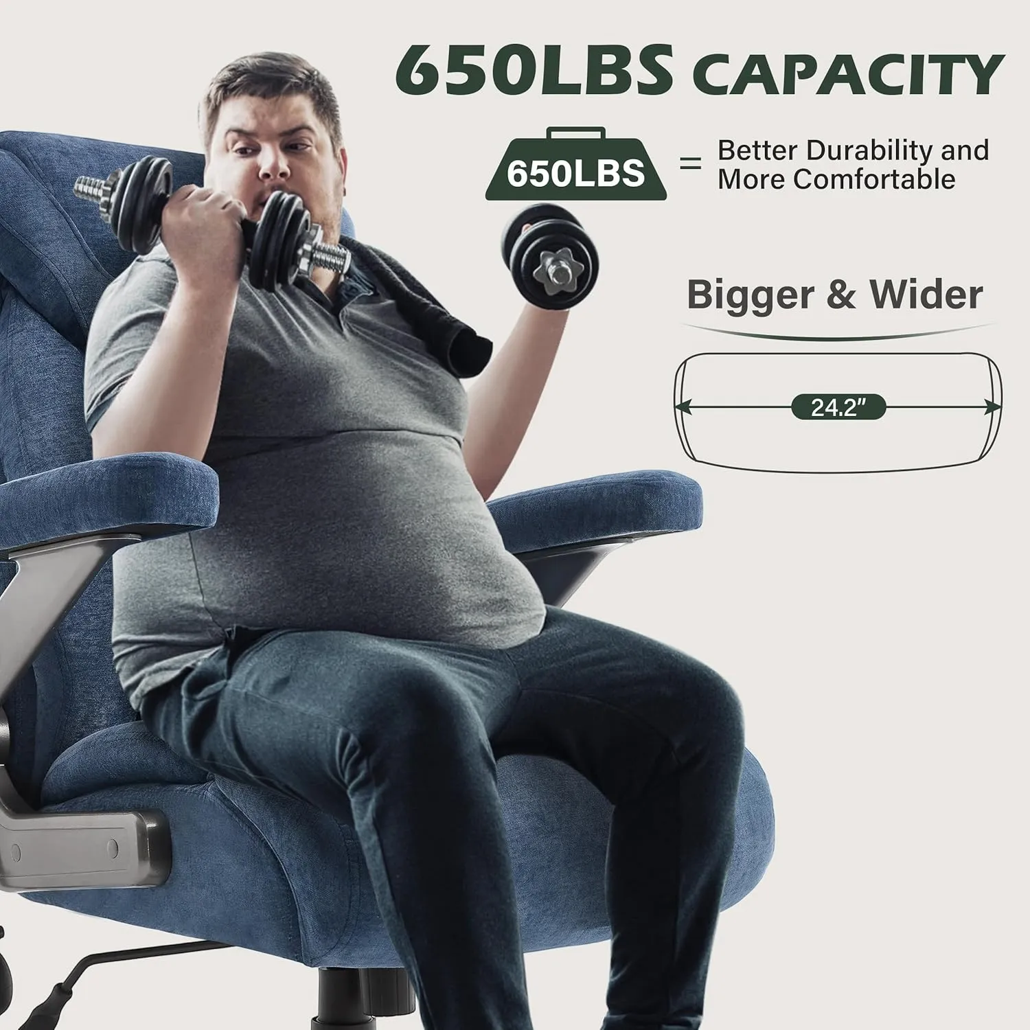 650lbs Big and Tall Office Chair with Thick Spring Cushion,5D Flip Arm Ergonomic Executive Office Chair Adjustable Lumbar Airbag&Extra Wide,Comfy Large Padded Heavy Duty Game Chair,Bluecloth