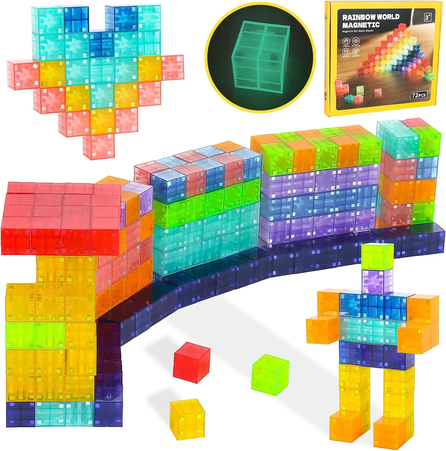 72 PCS Magnetic Blocks for Toddler Toy 3-8, Night Light Magnetic Building Blocks for Kids, 9 Colors Magnet Blocks for Christmas Birthday Present