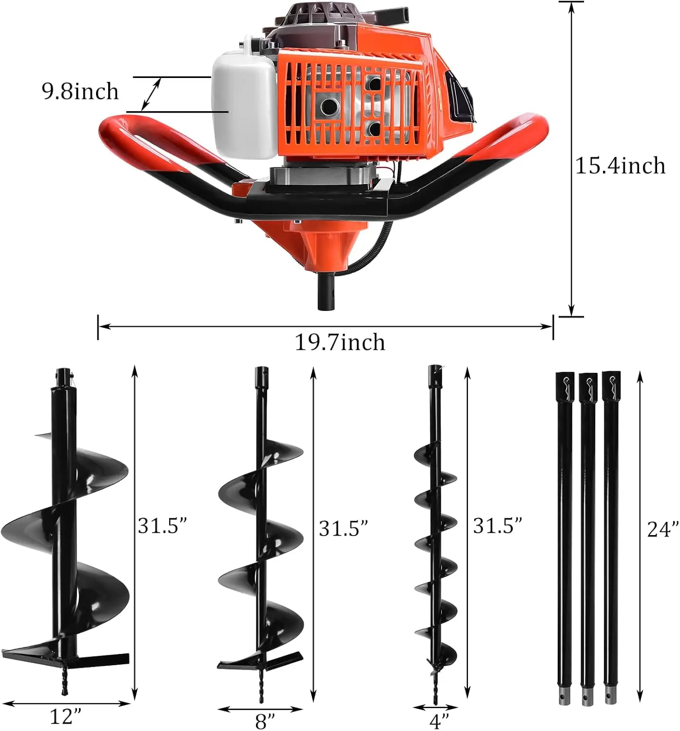 72CC Post Hole Digger,2-Stroke Auger Post Hole Digger Gas Powered Earth Digging Engine with 3 Auger Drill Bits (4""& 8"" &12"")  3 Extension Rods for Farm Garden Plant
