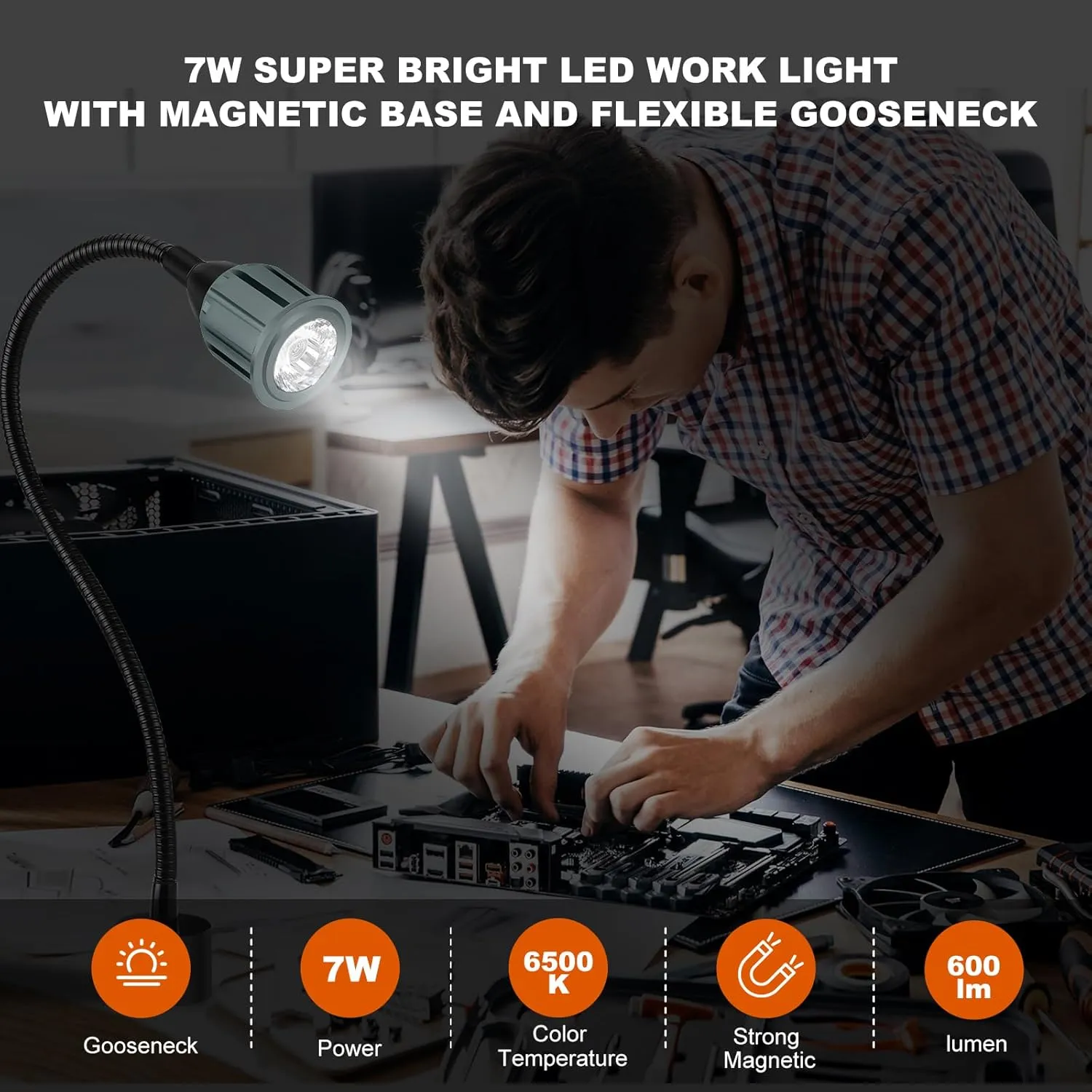 7W Magnetic Work Light, LED Machine Light with Flexible Gooseneck and Magnetic Base, Shop Tool Lamp for Lathe, Work Bench, Sewing Machine, Grill, Industrial Lighting Black