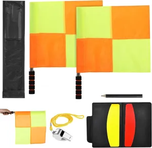 8 PCS Soccer Referee Flag Set, Yellow Orange Checker Style Referee Flag, Football Match Linesman Flags with Pouch, Red Yellow Cards, Referee Notebook with Pencil, Coach Whistle with Lanyard for Sports