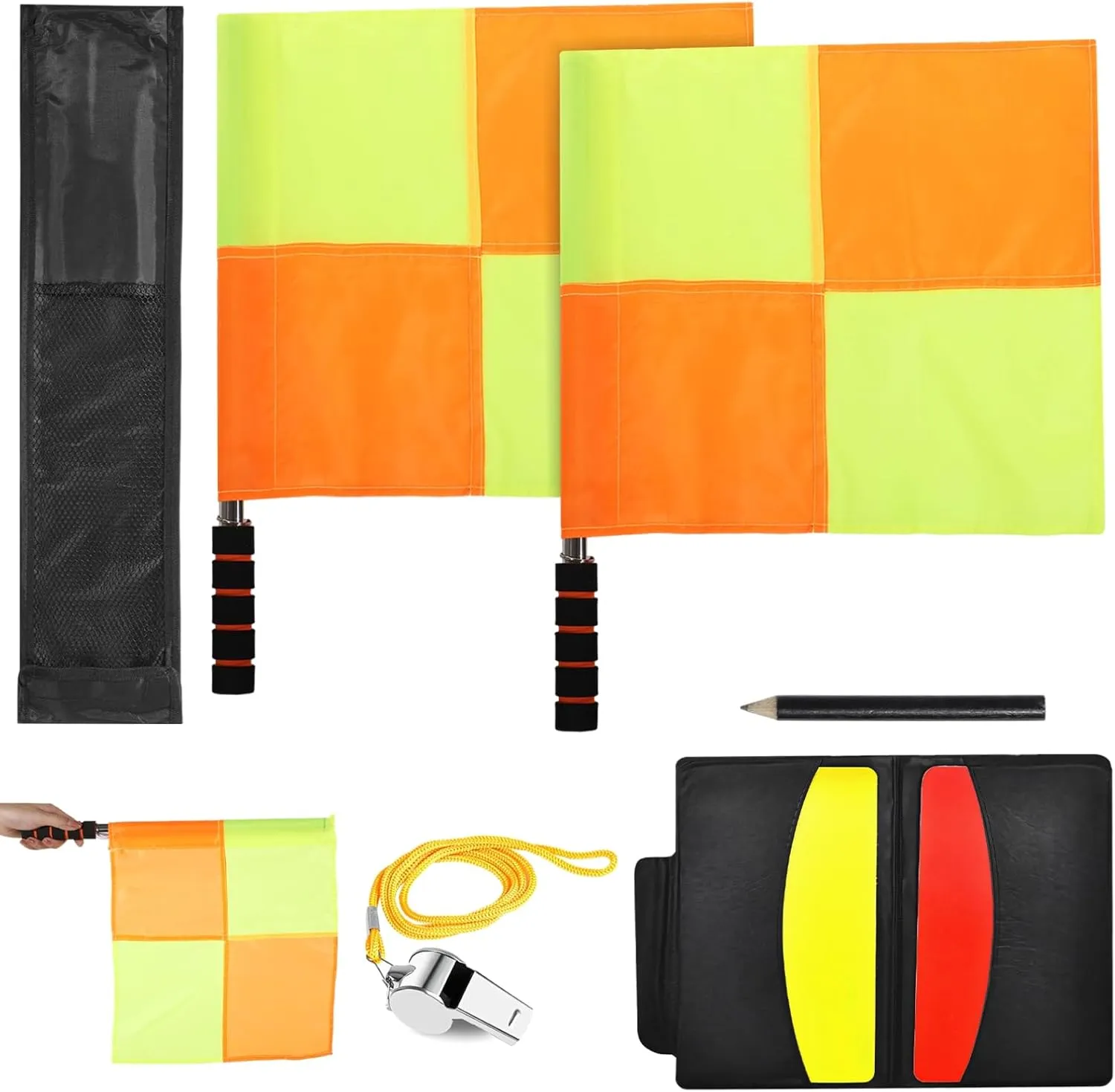 8 PCS Soccer Referee Flag Set, Yellow Orange Checker Style Referee Flag, Football Match Linesman Flags with Pouch, Red Yellow Cards, Referee Notebook with Pencil, Coach Whistle with Lanyard for Sports