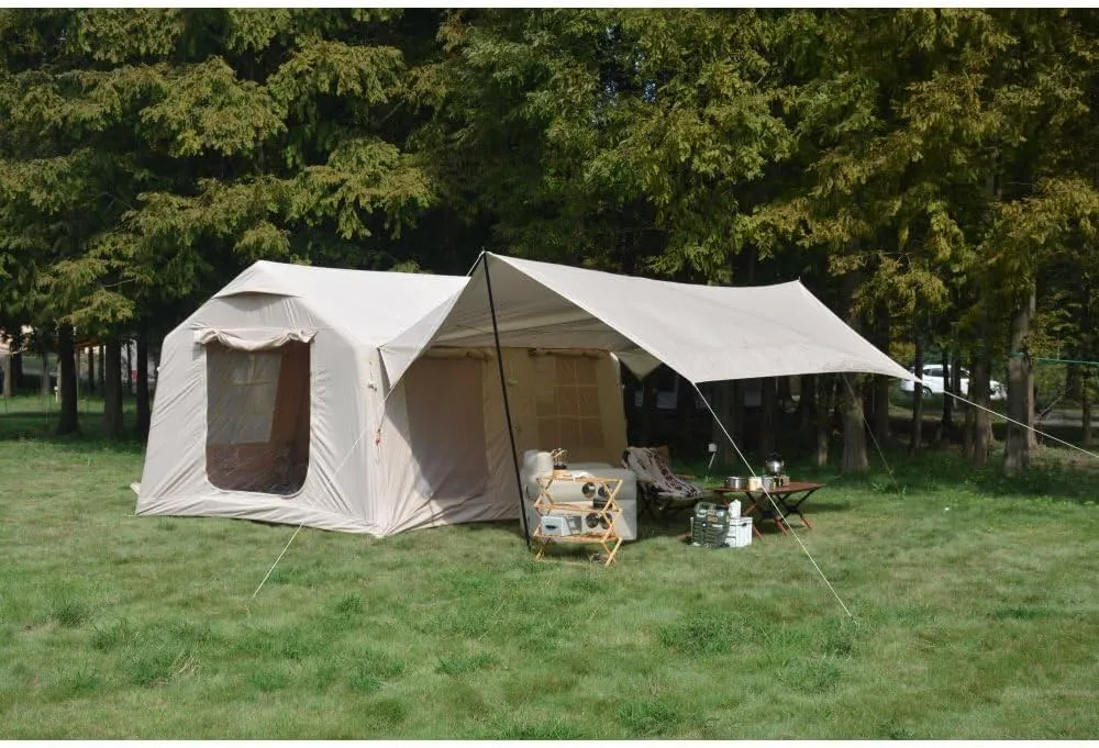 9.8 x13ft with Canopy, Inflatable Camping Tents with Hand Pump, Air Glamping Tents, Easy Setup Waterproof and Windproof Blow up Tent Beige