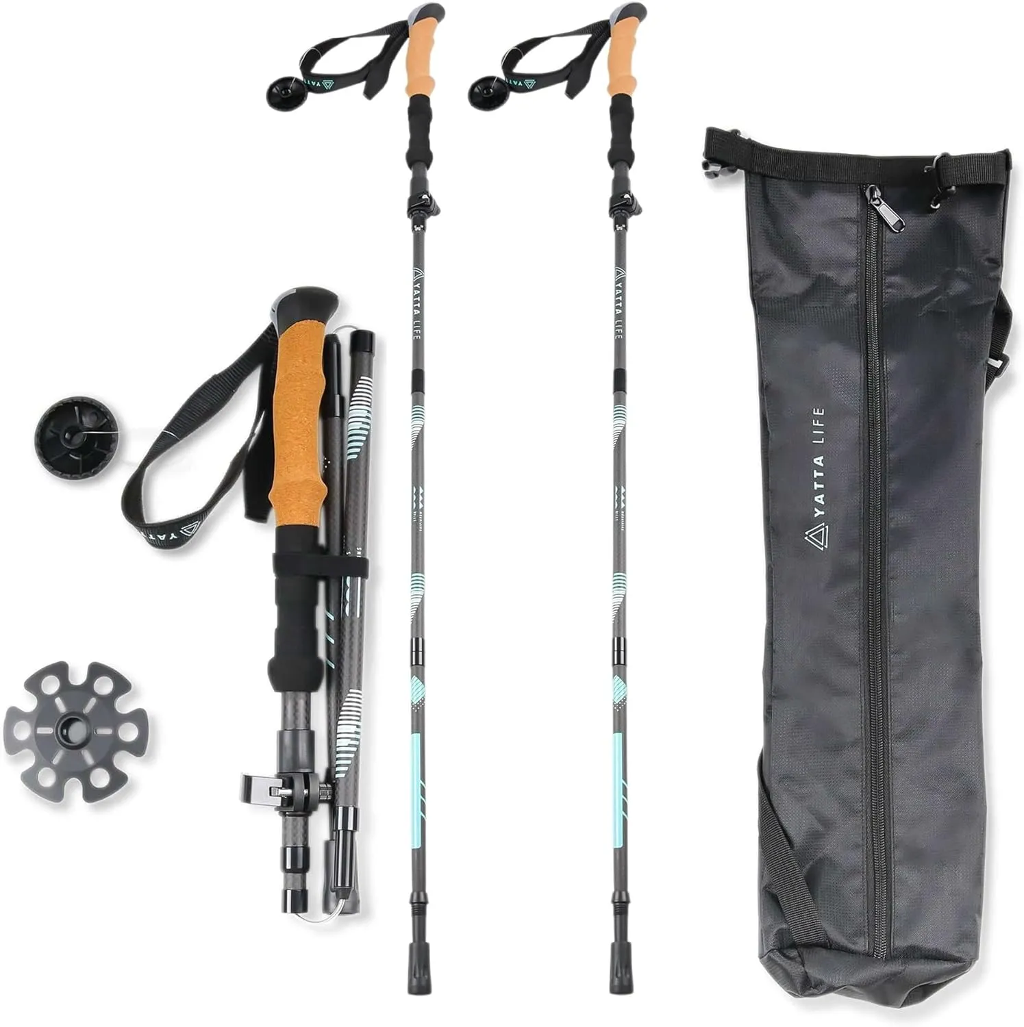 A001 Trekking Poles Carbon Fiber, Collapsible Folding Walking Stick, 5-Section Adjustable Telescopic Pole with Cork Grip, Lightweight Hiking Gear for Camping, Backpacking, Climbing, 4 Sticks in 2PACK