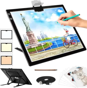 A3 Light Pad - Rechargeable Diamond Painting Light Board with Stand, 3 Colours Stepless Dimmable 6 Levels Brightness Tracing Light Box, Battery Powered Portable Light Pad for Weeding Vinyl Tracing