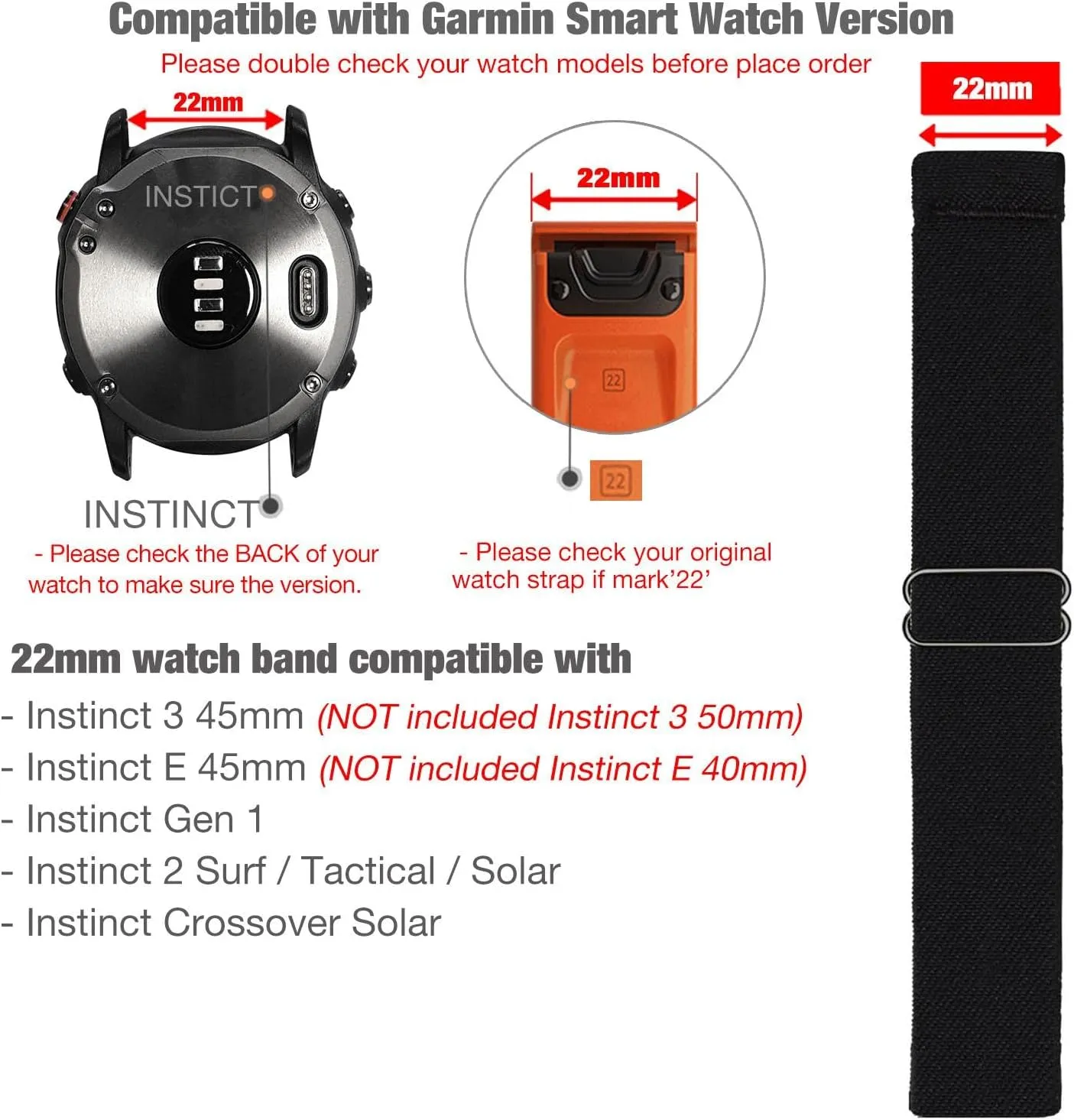 Abanen 22mm Elastic Watch Bands for Garmin Instinct 3 45mm / 2 Solar, Soft Stretchy Nylon Ultra-light Wristband Strap for Instinct E 45mm / Crossover Solar