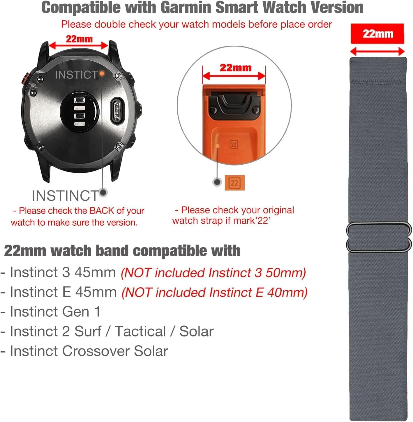 Abanen 22mm Elastic Watch Bands for Garmin Instinct 3 45mm / 2 Solar, Soft Stretchy Nylon Ultra-light Wristband Strap for Instinct E 45mm / Crossover Solar