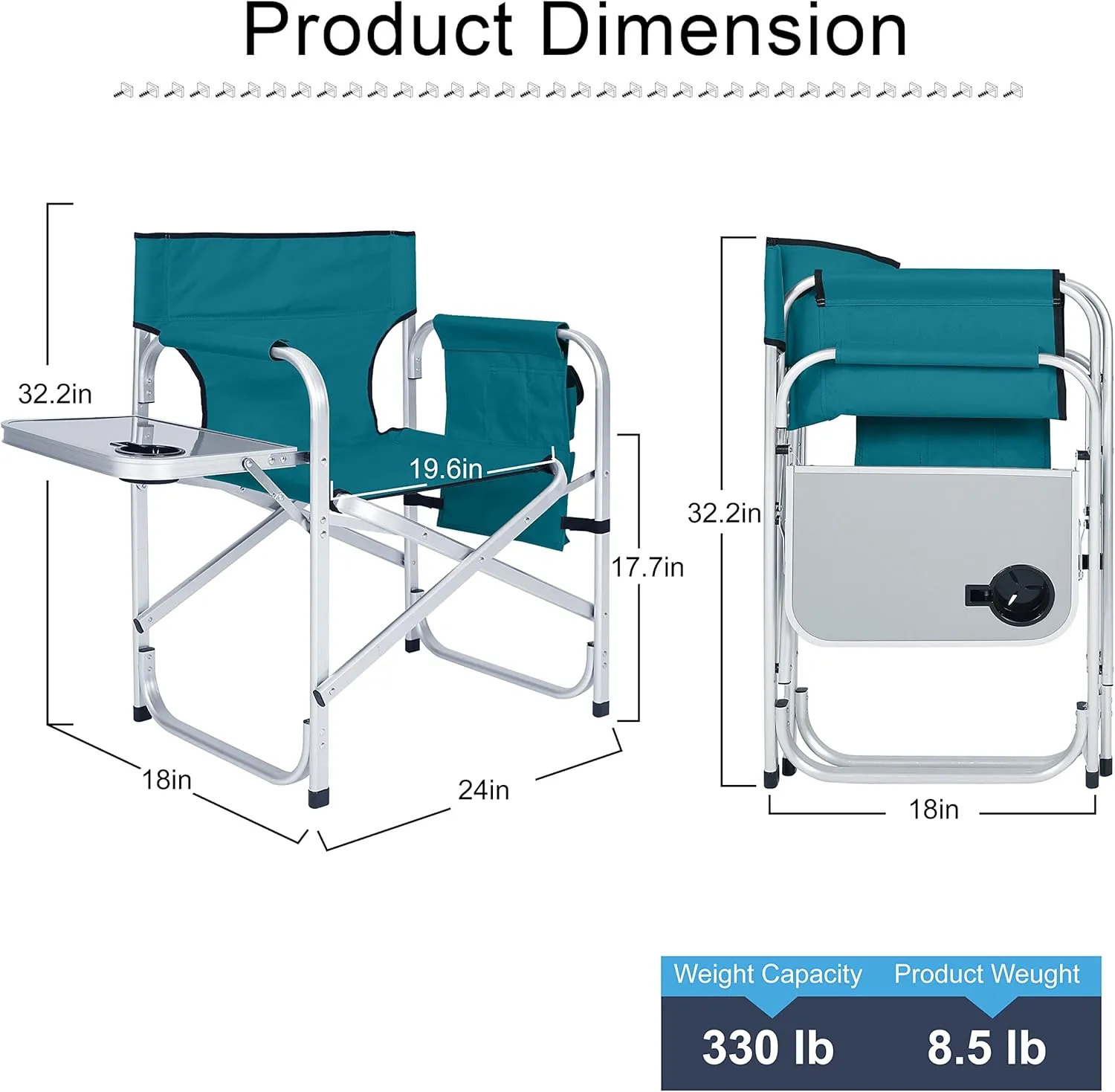 ABCCANOPY Folding Directors Chair Outdoor Camping Chair Makeup Artist Chair with Side Table & Pockets, Lake Blue…