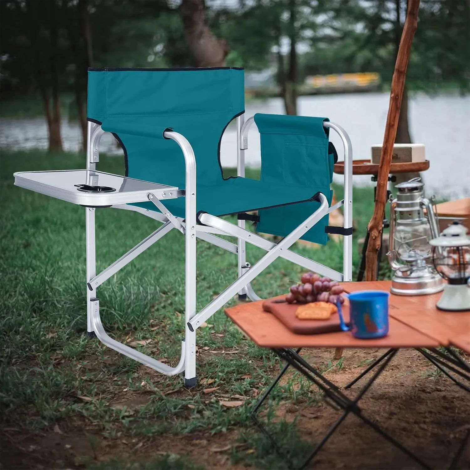 ABCCANOPY Folding Directors Chair Outdoor Camping Chair Makeup Artist Chair with Side Table & Pockets, Lake Blue…
