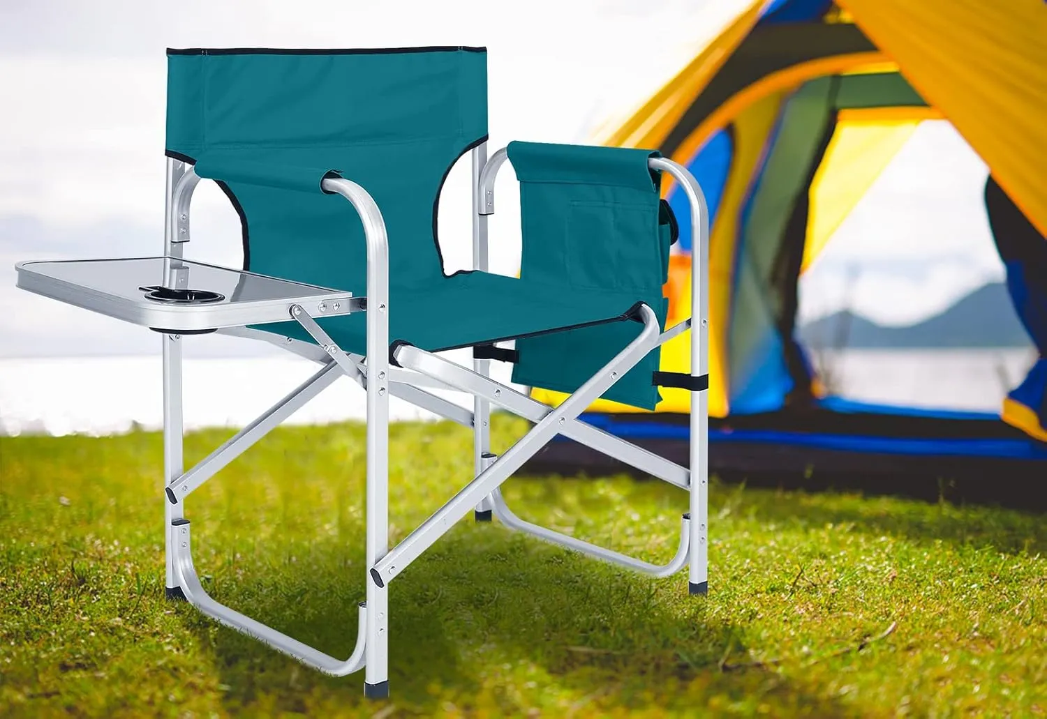 ABCCANOPY Folding Directors Chair Outdoor Camping Chair Makeup Artist Chair with Side Table & Pockets, Lake Blue…