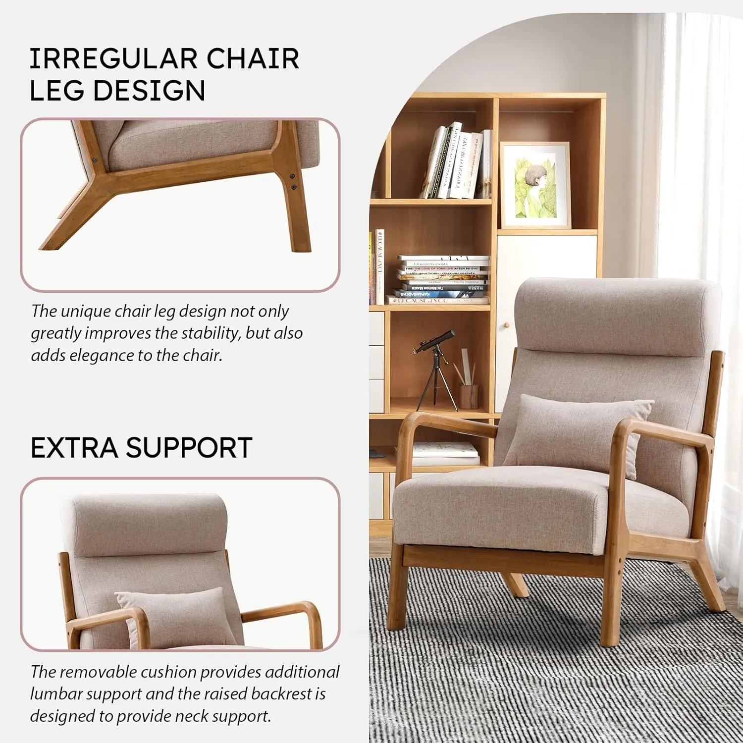 Accent Chair Mid Century Modern Chair Linen Fabric Living Room Chairs with Solid Wood Frame Comfy Upholstered and Lumbar Pillow Reading Side Chair Easy Assembly for Bedroom (1, Beige)