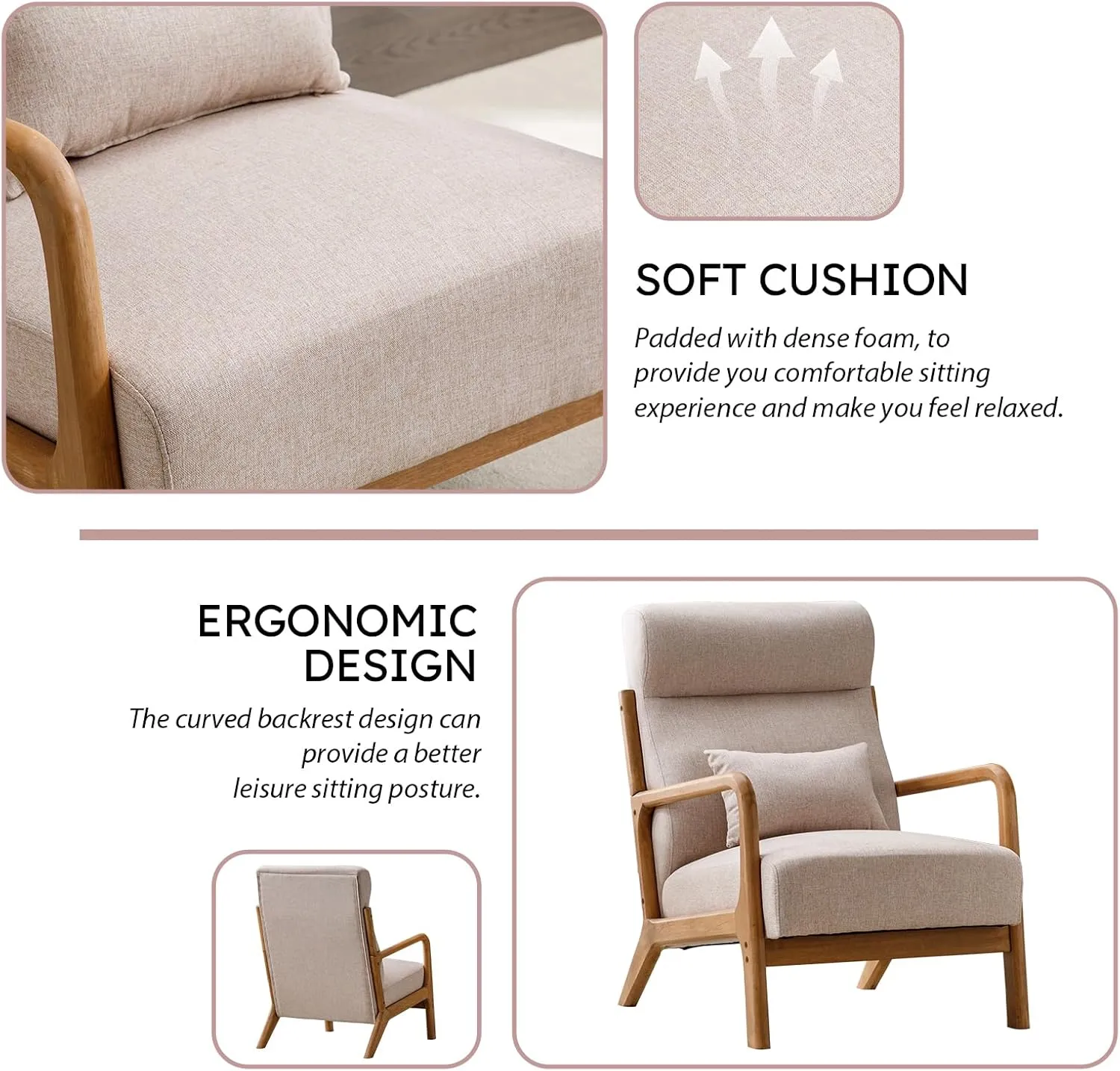 Accent Chair Mid Century Modern Chair Linen Fabric Living Room Chairs with Solid Wood Frame Comfy Upholstered and Lumbar Pillow Reading Side Chair Easy Assembly for Bedroom (1, Beige)
