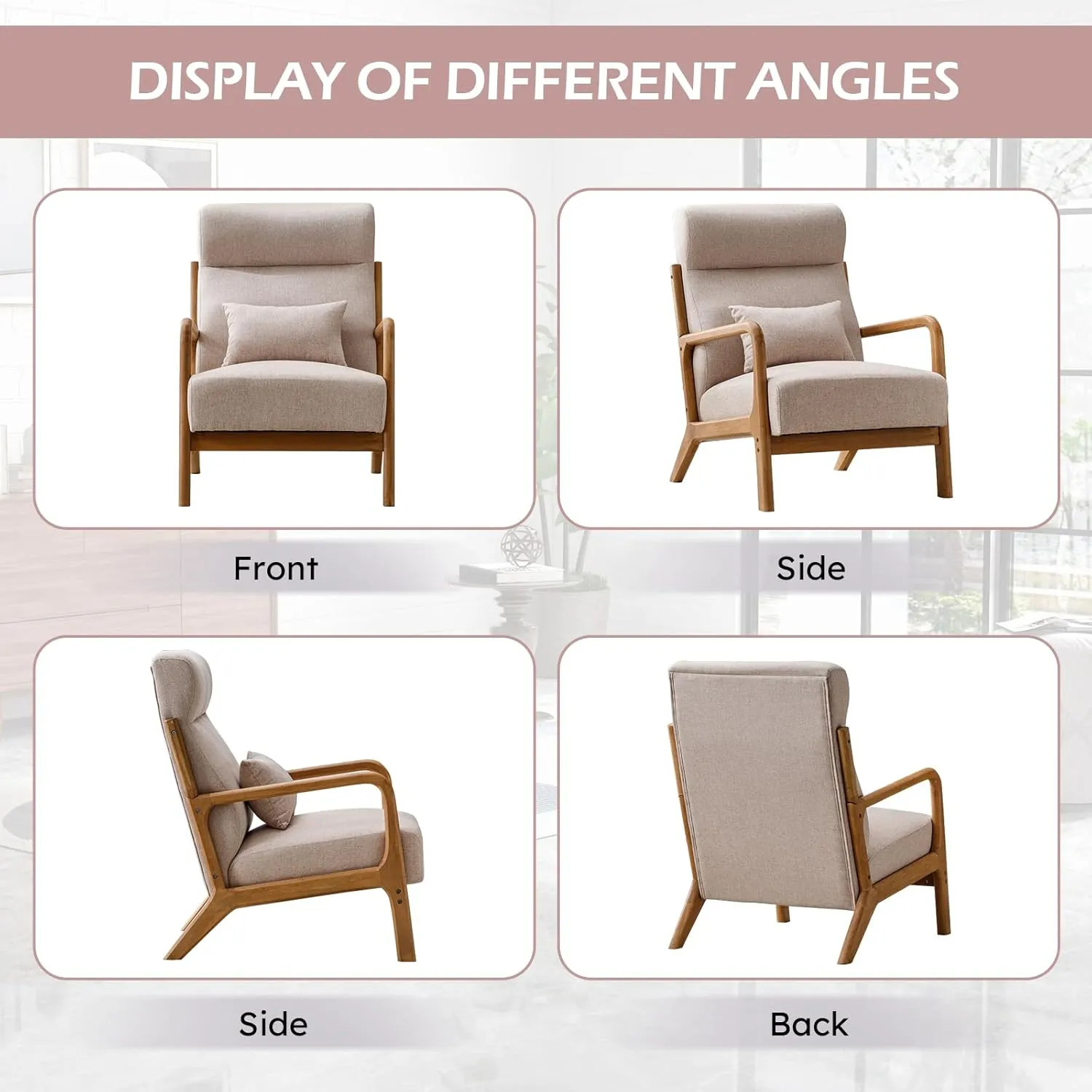 Accent Chair Mid Century Modern Chair Linen Fabric Living Room Chairs with Solid Wood Frame Comfy Upholstered and Lumbar Pillow Reading Side Chair Easy Assembly for Bedroom (1, Beige)