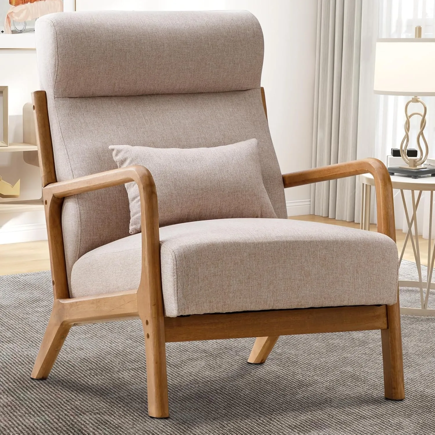 Accent Chair Mid Century Modern Chair Linen Fabric Living Room Chairs with Solid Wood Frame Comfy Upholstered and Lumbar Pillow Reading Side Chair Easy Assembly for Bedroom (1, Beige)