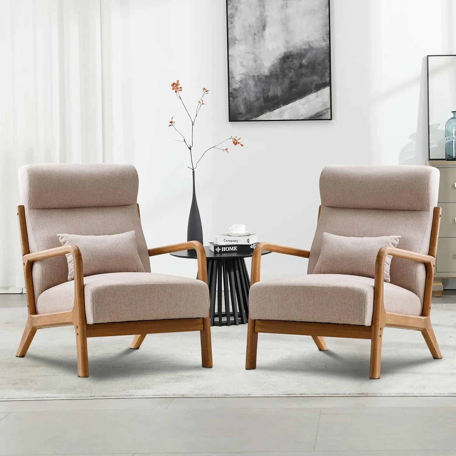 Accent Chair Mid Century Modern Chair Linen Fabric Living Room Chairs with Solid Wood Frame Comfy Upholstered and Lumbar Pillow Reading Side Chair Easy Assembly for Bedroom (1, Beige)