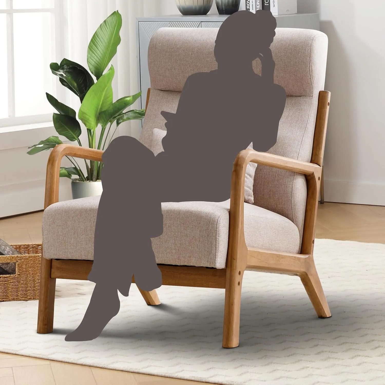 Accent Chair Mid Century Modern Chair Linen Fabric Living Room Chairs with Solid Wood Frame Comfy Upholstered and Lumbar Pillow Reading Side Chair Easy Assembly for Bedroom (1, Beige)