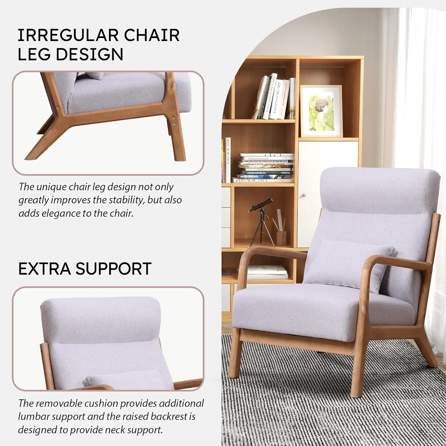 Accent Chair Mid Century Modern Chair Linen Fabric Living Room Chairs with Solid Wood Frame Comfy Upholstered and Lumbar Pillow Reading Side Chair Easy Assembly for Bedroom (1, High Back L-Grey)