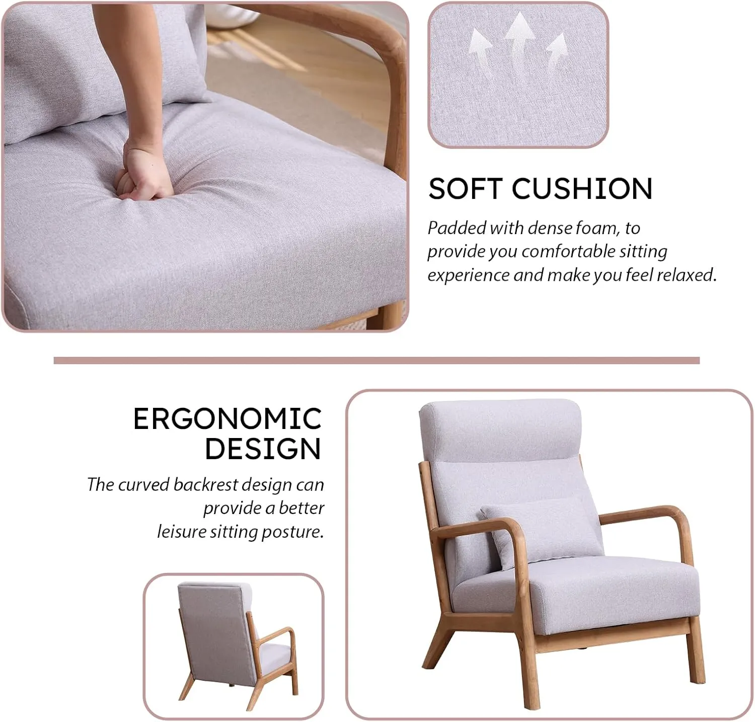 Accent Chair Mid Century Modern Chair Linen Fabric Living Room Chairs with Solid Wood Frame Comfy Upholstered and Lumbar Pillow Reading Side Chair Easy Assembly for Bedroom (1, High Back L-Grey)