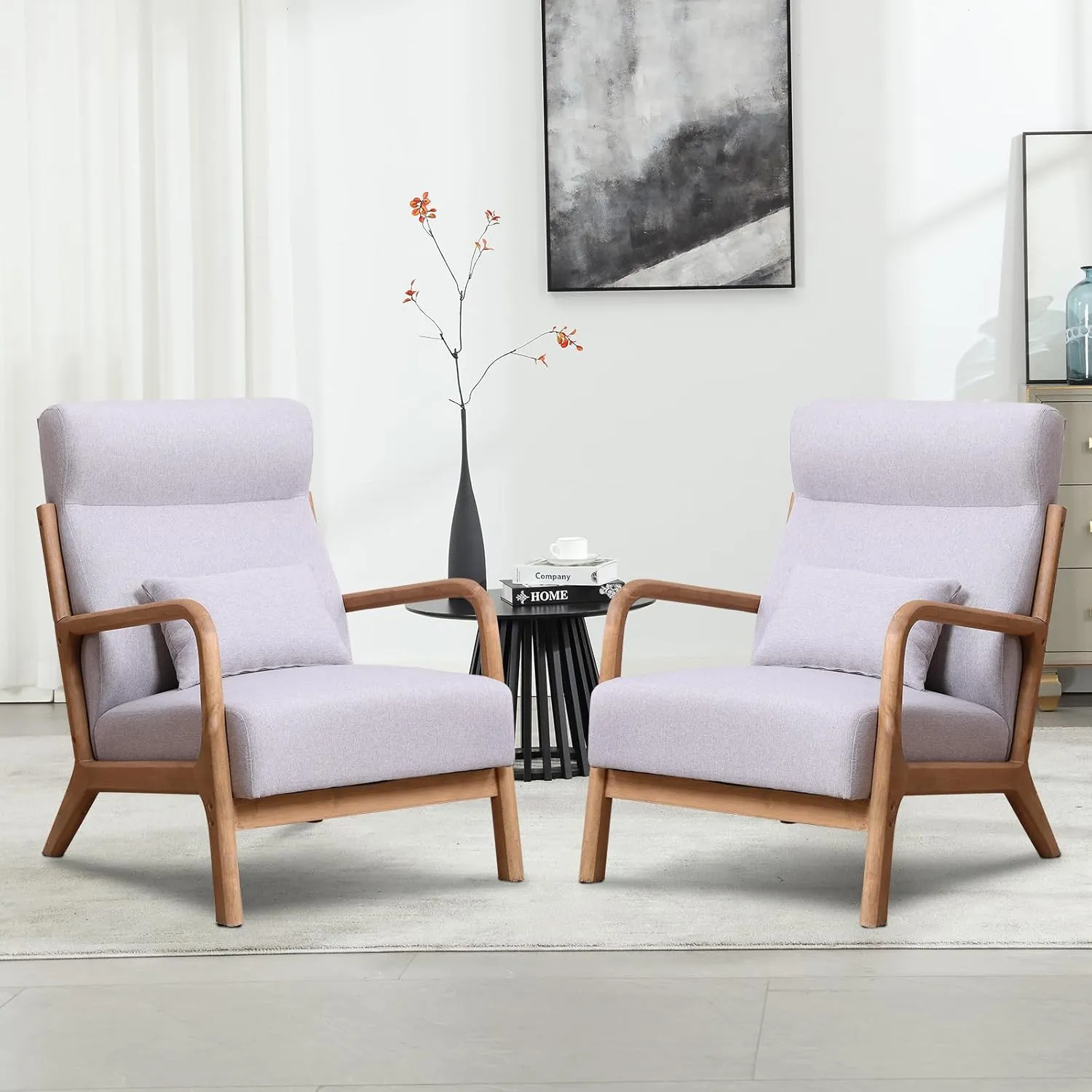 Accent Chair Mid Century Modern Chair Linen Fabric Living Room Chairs with Solid Wood Frame Comfy Upholstered and Lumbar Pillow Reading Side Chair Easy Assembly for Bedroom (1, High Back L-Grey)