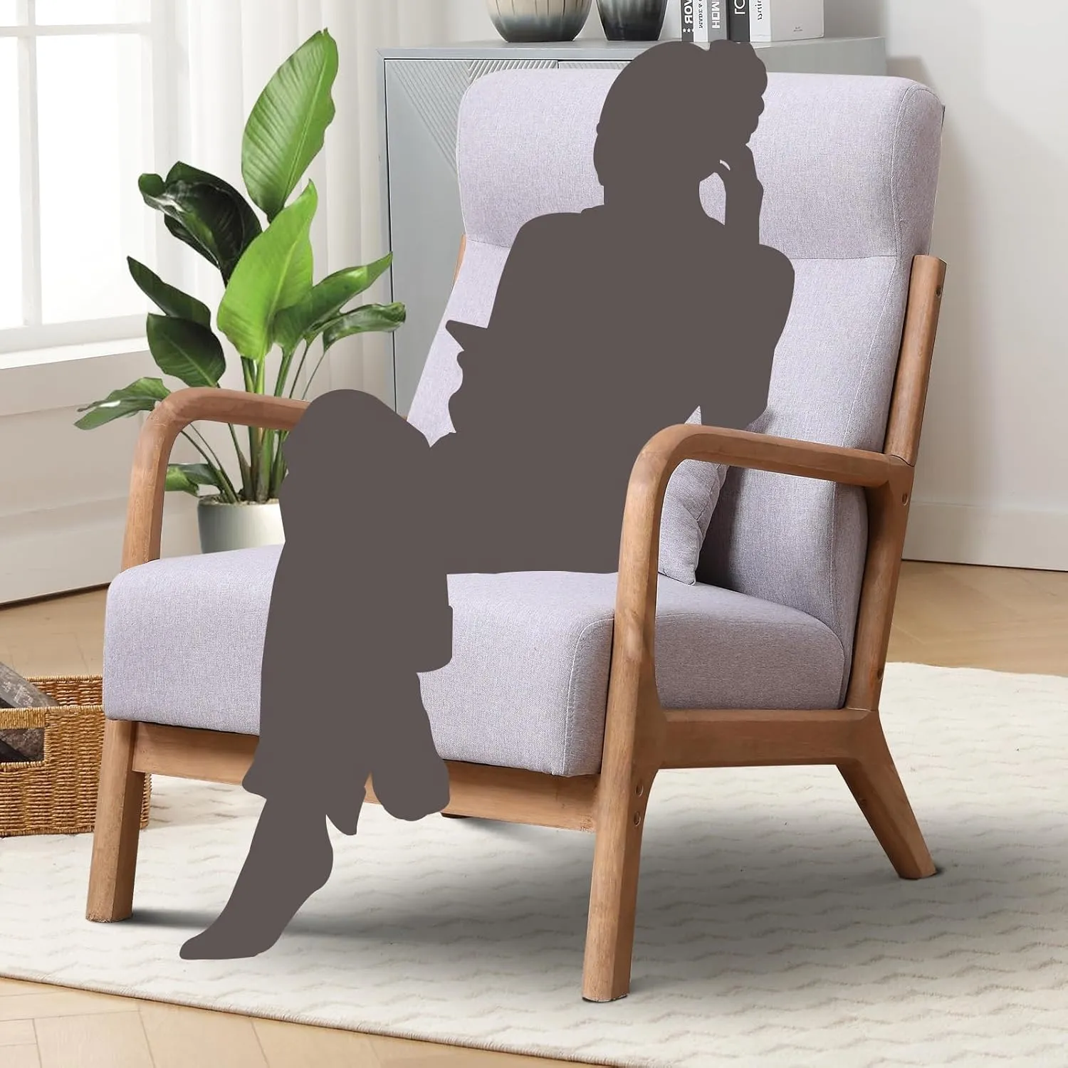 Accent Chair Mid Century Modern Chair Linen Fabric Living Room Chairs with Solid Wood Frame Comfy Upholstered and Lumbar Pillow Reading Side Chair Easy Assembly for Bedroom (1, High Back L-Grey)