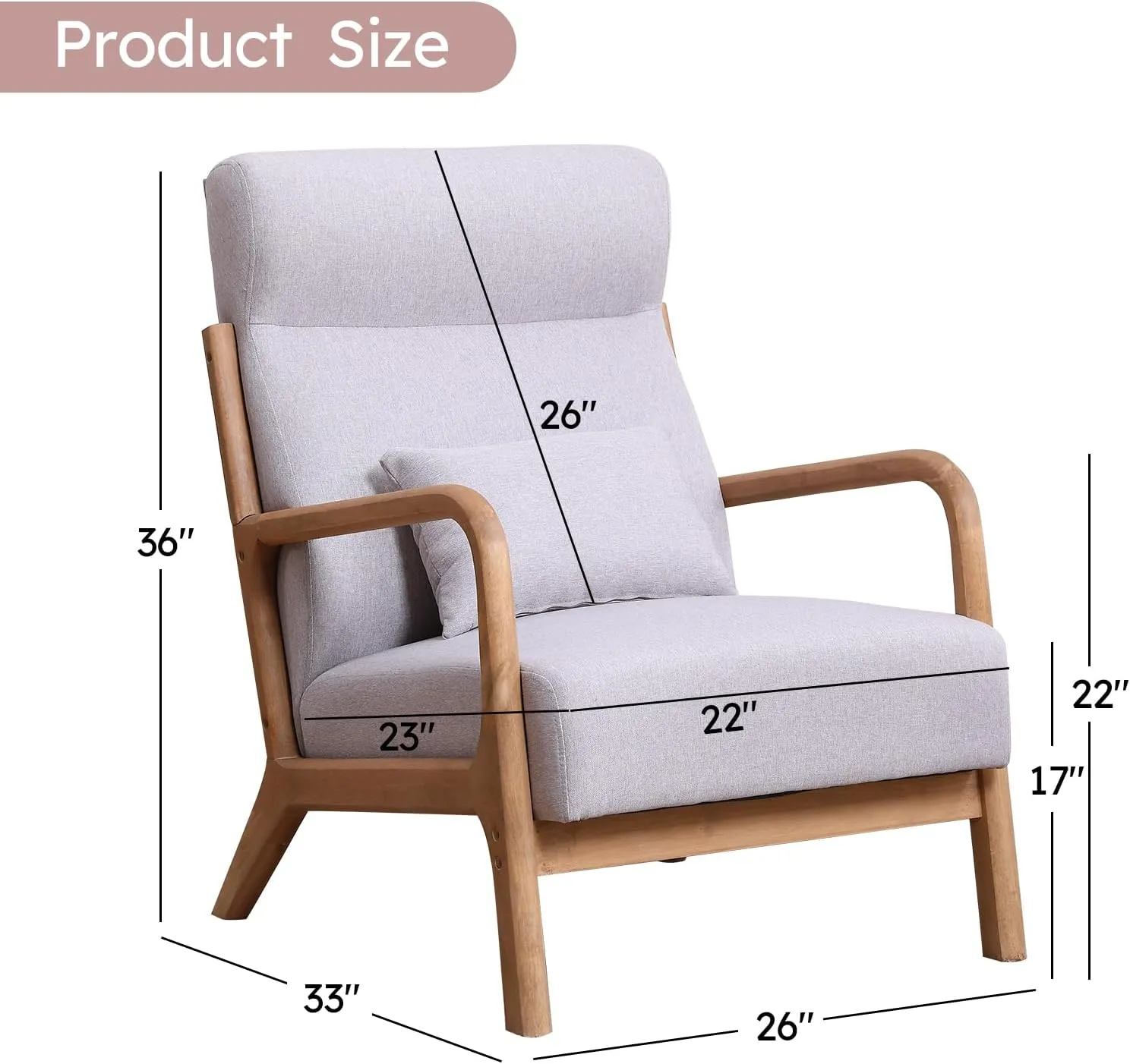 Accent Chair Mid Century Modern Chair Linen Fabric Living Room Chairs with Solid Wood Frame Comfy Upholstered and Lumbar Pillow Reading Side Chair Easy Assembly for Bedroom (1, High Back L-Grey)