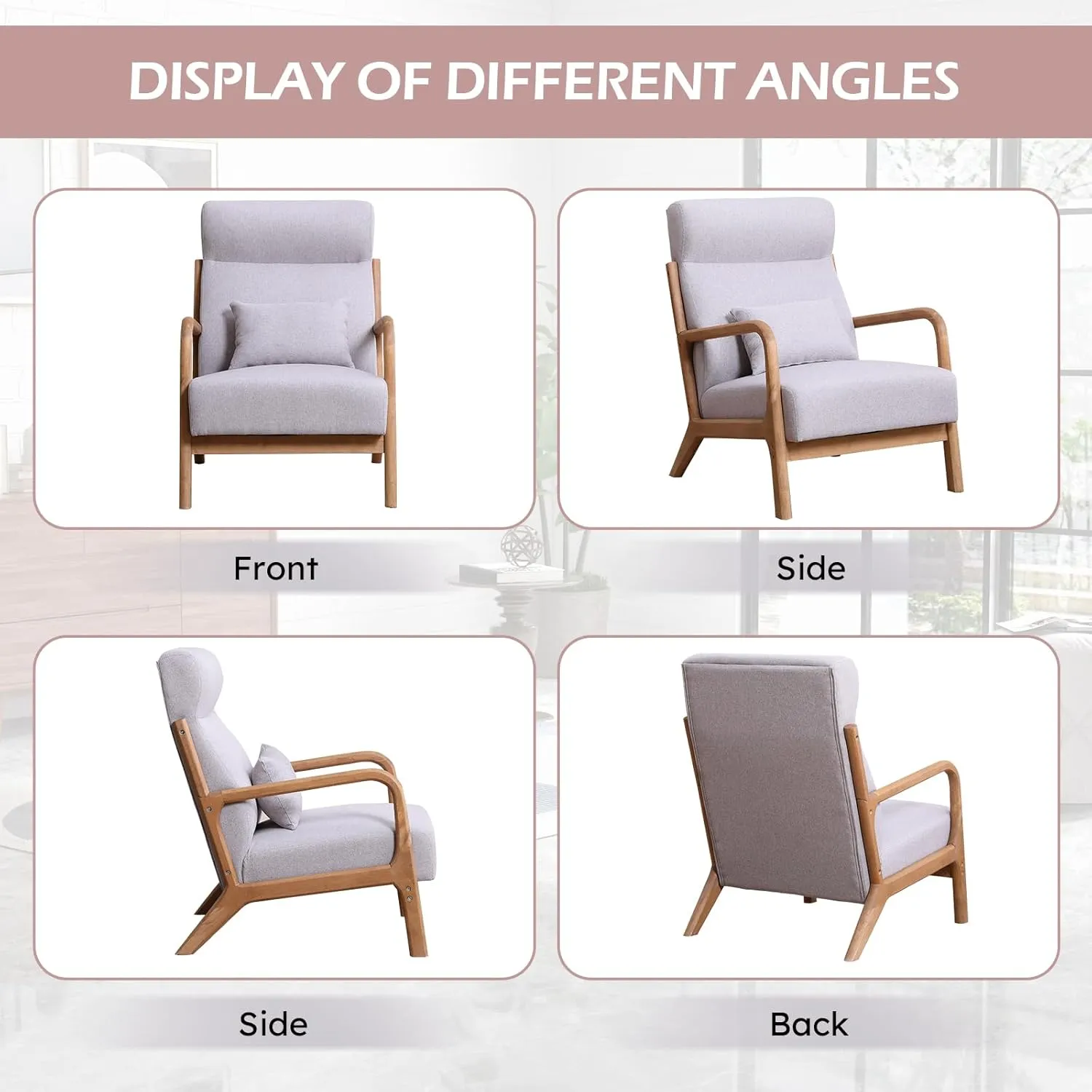 Accent Chair Mid Century Modern Chair Linen Fabric Living Room Chairs with Solid Wood Frame Comfy Upholstered and Lumbar Pillow Reading Side Chair Easy Assembly for Bedroom (1, High Back L-Grey)