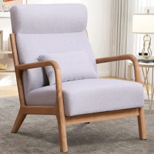 Accent Chair Mid Century Modern Chair Linen Fabric Living Room Chairs with Solid Wood Frame Comfy Upholstered and Lumbar Pillow Reading Side Chair Easy Assembly for Bedroom (1, High Back L-Grey)