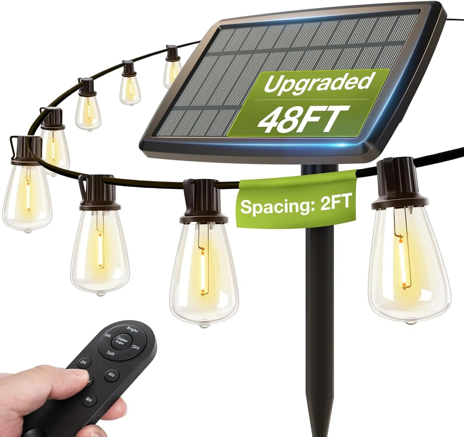 addlon 54(48 6) FT Solar String Lights Waterproof,Patio Lights Solar Powered with Remote& USB Port 24 2 LED Shatterproof Bulbs 3 Lighting Modes Outdoor Lights for Camping Backyard Garden