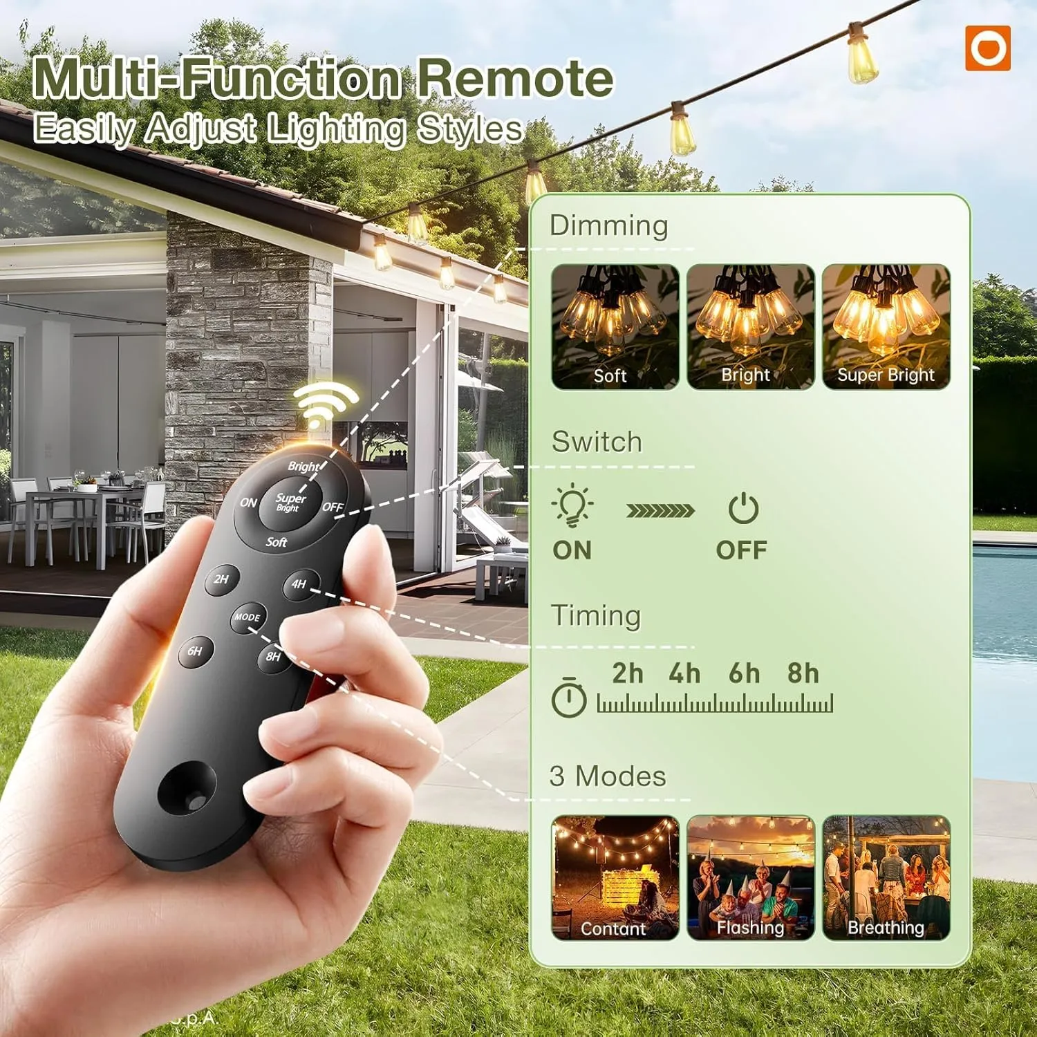 addlon 54(48 6) FT Solar String Lights Waterproof,Patio Lights Solar Powered with Remote& USB Port 24 2 LED Shatterproof Bulbs 3 Lighting Modes Outdoor Lights for Camping Backyard Garden