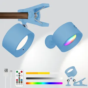Adetu LED Wall Mounted Lights, USB Rechargeable Wall Sconces Lamp, 3 Color Temps & Remote, Magnetic Clamp Light 360° Rotation Dimmable Cordless Wall Lamps for Bedroom Reading Study (2 Pack, Blue)