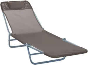 Adjustable Reclining Mesh Sun Lounger Chair - 5-Position Foldable Pool Lounge w/Head Pillow, Steel Frame, Breathable Fabric - Outdoor Tanning Chair for Patio Camping Fishing – Brown/Silver