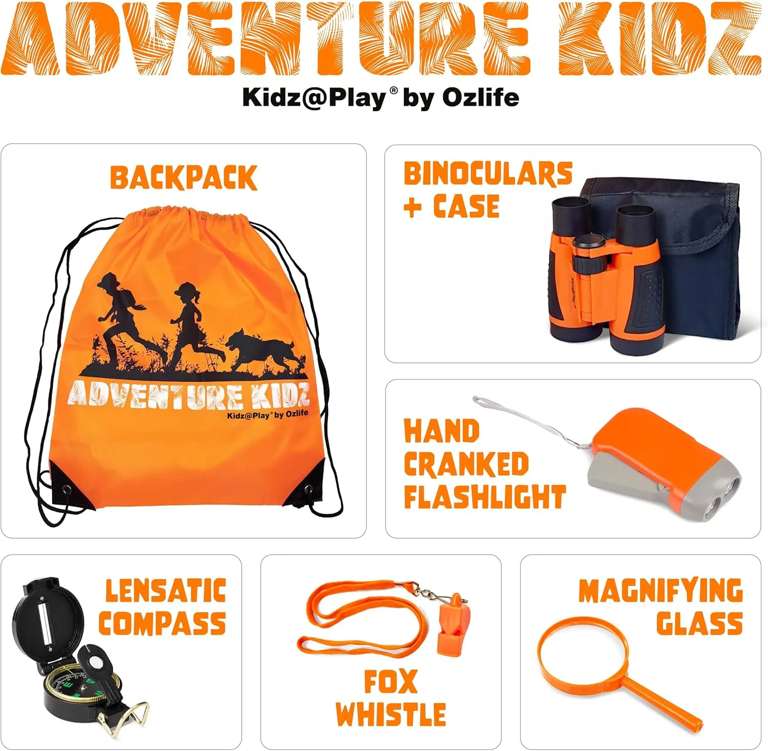 Adventure Kidz - Outdoor Exploration Kit, Children’s Toy Binoculars with Case, Flashlight, Compass, Whistle, Magnifying Glass, Backpack. Great Gift Set for Camping, Hiking, STEM, Pretend Play.