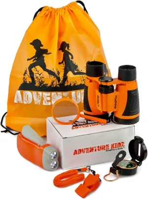 Adventure Kidz - Outdoor Exploration Kit, Children’s Toy Binoculars with Case, Flashlight, Compass, Whistle, Magnifying Glass, Backpack. Great Gift Set for Camping, Hiking, STEM, Pretend Play.