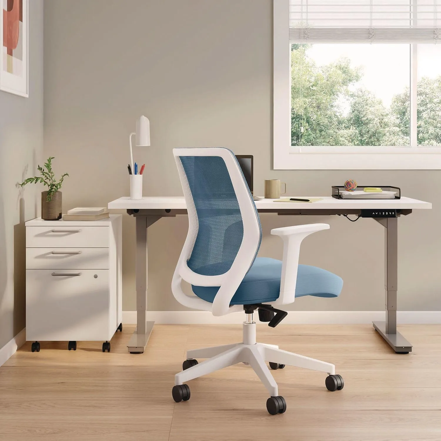 Alera Wessex Ergonomic Mesh Back Office Task Chair, Swivel Computer Desk Chair, Adjustable Seat Height, Supports Up to 275 lbs, Light Blue/White