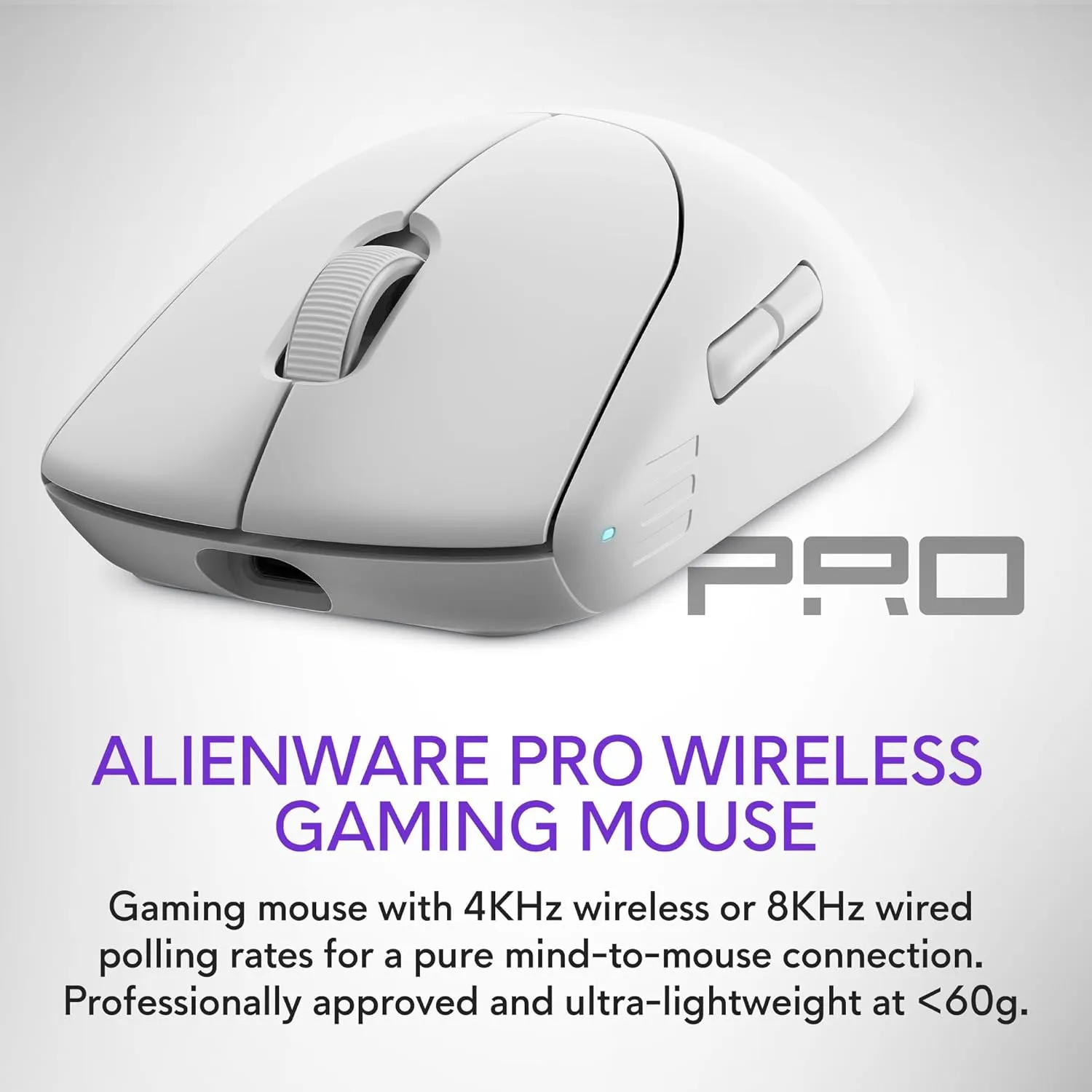 Alienware Pro Wireless Gaming Mouse - 2.4GHz Gaming Wireless/USB Wired Connectivity, Adjustable DPI, Optical Sensor Technology, 6 Programmable Buttons, 650 IPS Sensor Max Speed - Lunar Light