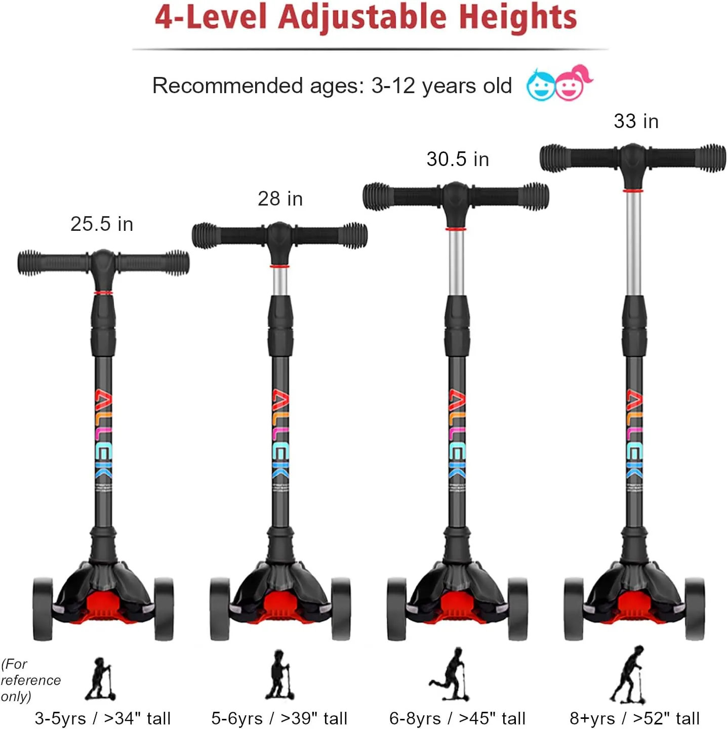Allek Kick Scooter B02, Lean 'N Glide Scooter with Extra Wide PU Light-Up Wheels and 4 Adjustable Heights for Children from 3-12yrs (Black)