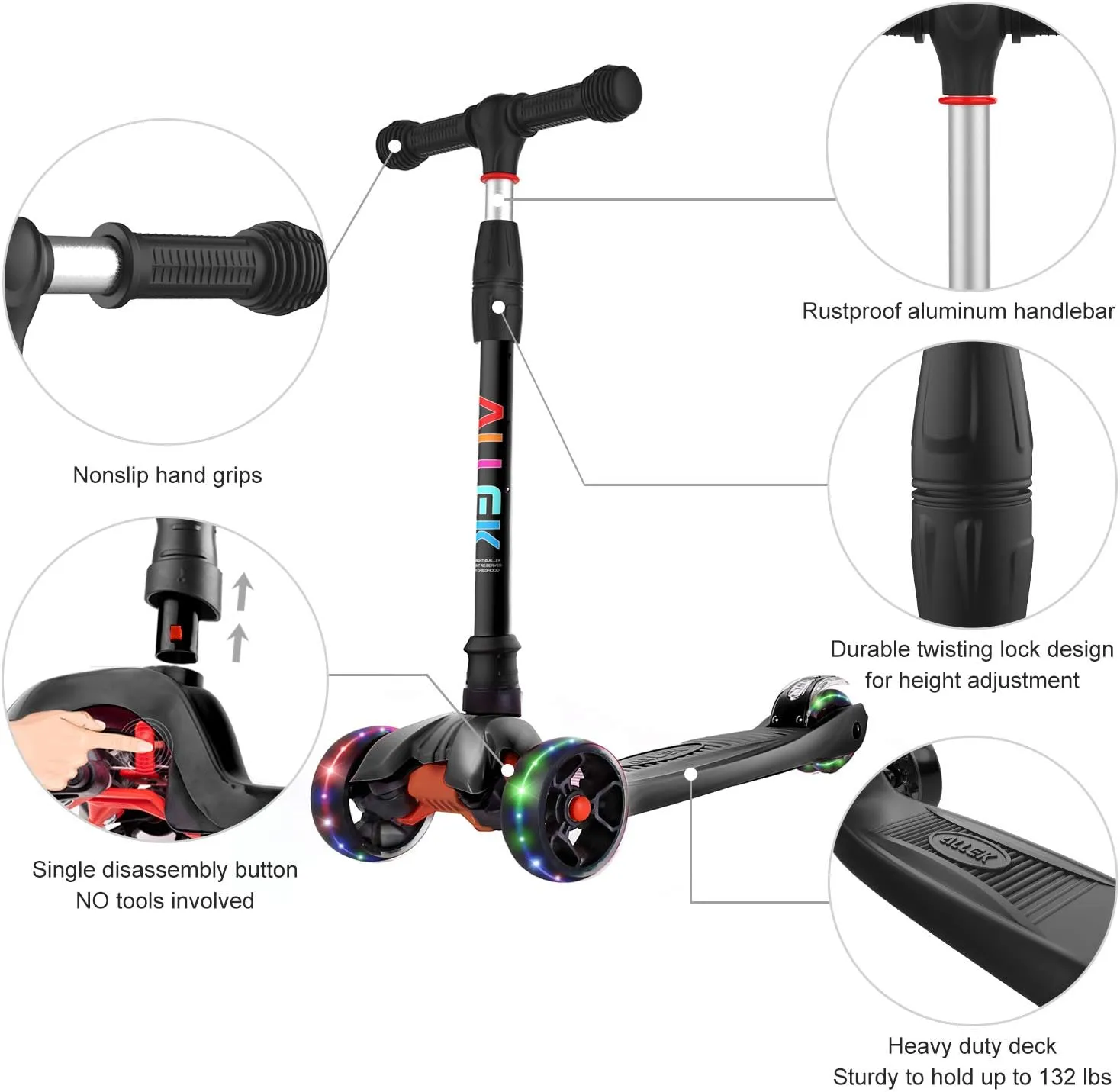 Allek Kick Scooter B02, Lean 'N Glide Scooter with Extra Wide PU Light-Up Wheels and 4 Adjustable Heights for Children from 3-12yrs (Black)