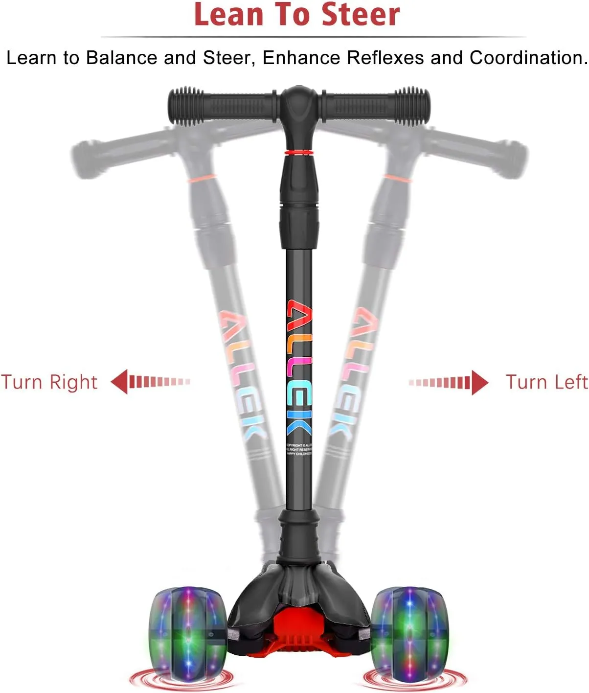 Allek Kick Scooter B02, Lean 'N Glide Scooter with Extra Wide PU Light-Up Wheels and 4 Adjustable Heights for Children from 3-12yrs (Black)