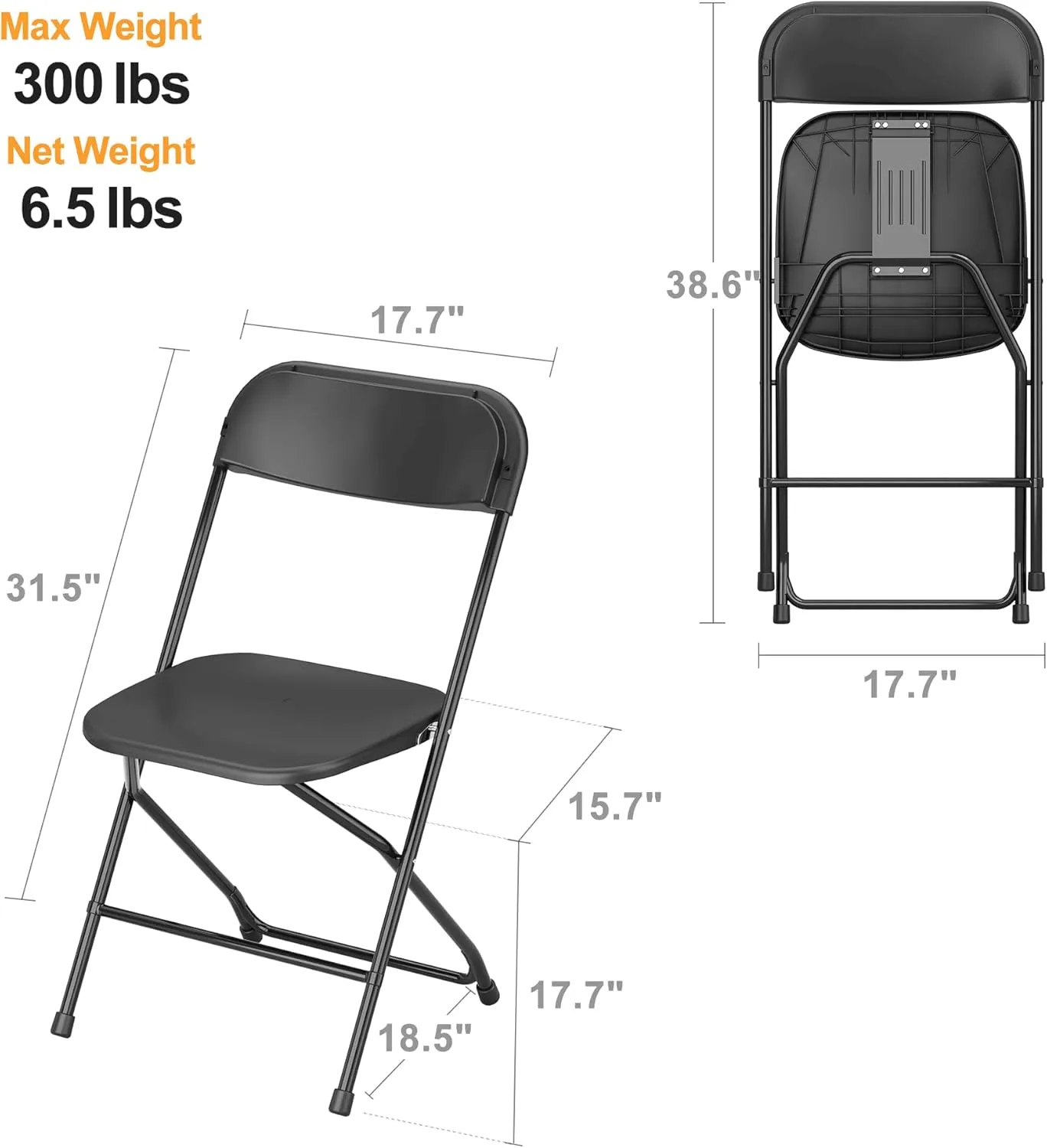 Allpop 10 Pack Plastic Folding Chair, 300lb Capacity, Portable Commercial Chair with Steel Frame for Home Office Wedding Party Indoor Outdoor Events, Stackable, Black