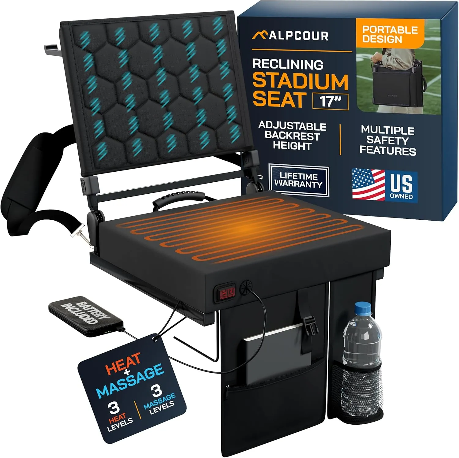 Alpcour Foldable Reclining Heated Massage Stadium Seat with Multiple Pockets, Anti-Slip Bottom, Bleacher Hooks, Bag Hook, Adjustable Height
