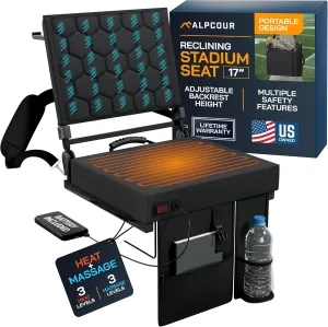 Alpcour Foldable Reclining Heated Massage Stadium Seat with Multiple Pockets, Anti-Slip Bottom, Bleacher Hooks, Bag Hook, Adjustable Height